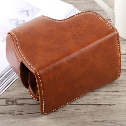 Durable PU Leather Protective Case with Strap for Sony A6300 Camera in brown PU leather showing stitched protective cover
