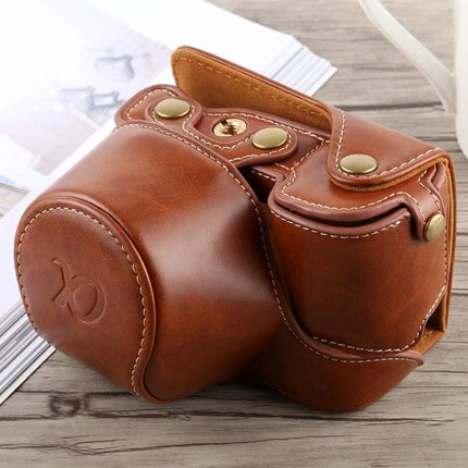 Durable PU Leather Protective Case with Strap for Sony A6300 Camera in brown PU leather with secure snap closures and padded lens cover