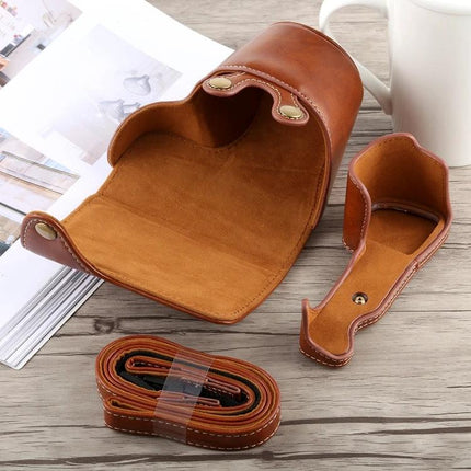 Durable PU Leather Protective Case with Strap for Sony A6300 Camera brown open with strap on wooden table