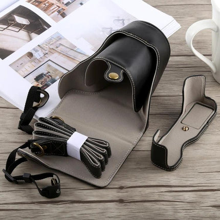 PU Leather Protective Case with Strap for Fujifilm X-A5 in black with detachable strap and open interior showing soft lining