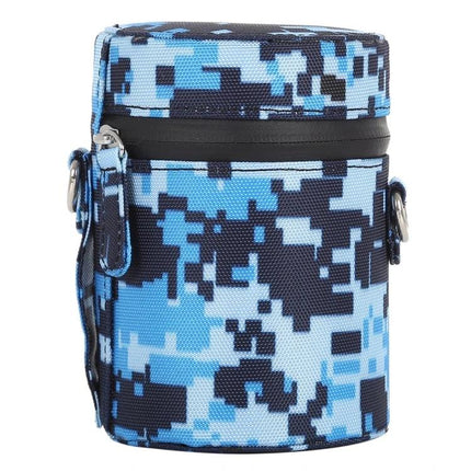 Small Camouflage Zippered Pouch for DSLR Camera Lenses in blue digital camo, compact protective lens case with zipper and strap