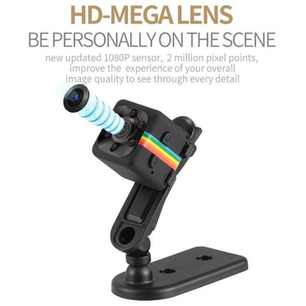 SQ11 Mini DV Camera with Night Vision for Outdoor Recording compact HD 2MP black camera on adjustable mount capturing low-light scenes