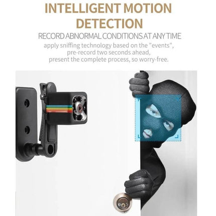 SQ11 Mini DV Camera with Night Vision for Outdoor Recording mounted to monitor a doorway with motion-detected thief illustration