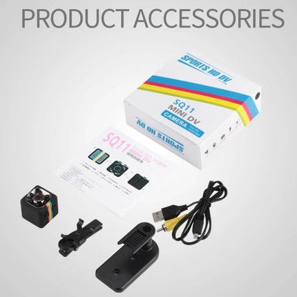 SQ11 Mini DV Camera with Night Vision for Outdoor Recording compact accessories kit showing camera, mount, USB cable and packaging