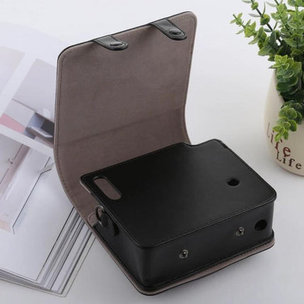 Retro Style PU Leather Camera Case for Fujifilm Instax SQ6 with Strap - black open protective case showing interior lining and strap attachments