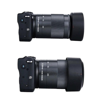 Lens Hood for Canon Camera Protection and Shading on Canon EF-M 55-200mm STM lens showing PVC hood reducing flare and protecting lens