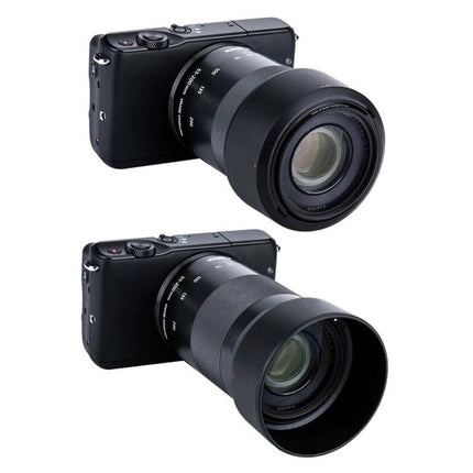 Lens Hood for Canon Camera Protection and Shading on EF-M 55-200mm STM lens showcasing durable PVC hood reducing flare and protecting lens