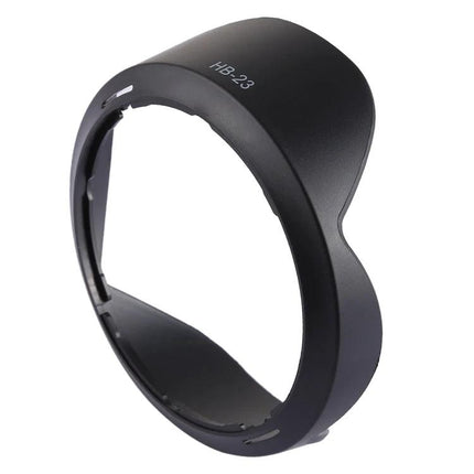 Protective Lens Hood for Nikon DSLR Camera Lenses shown in black HB-23 petal design protecting lens from flare dust and impacts