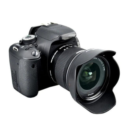 Protective Lens Hood for Nikon DSLR Camera Lenses mounted on a black Nikon DSLR to block stray light, reduce flare and protect from dust and impacts