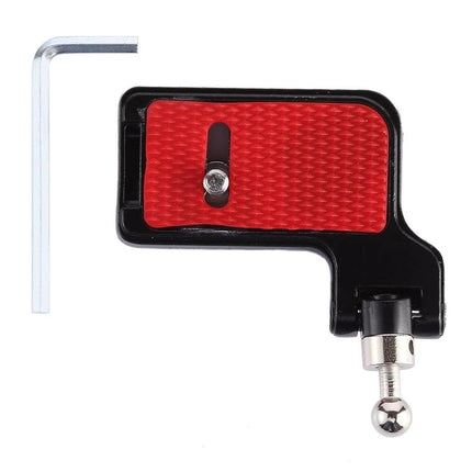 F2 Arca Swiss Quick Release Clamp for Camera Mounting shown flat with red anti-slip plate, metal ball stud and hex key