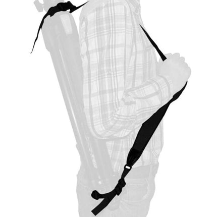 Durable Nylon Strap for Tripod Decompression and Carrying, 79cm Length shown worn over shoulder carrying a folded tripod comfortably