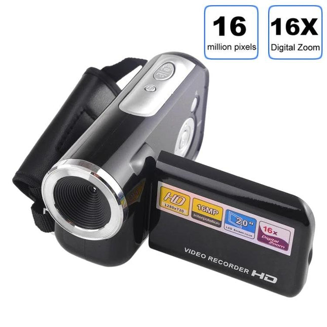 Portable Digital Video Camera for Everyday Recording showing compact black HD camcorder with 2.0-inch LCD, 16MP and 16x digital zoom