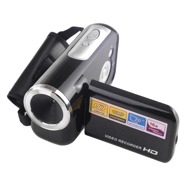 Portable Digital Video Camera for Everyday Recording – compact black HD video recorder with 2.0-inch flip LCD, 16MP label and wrist strap