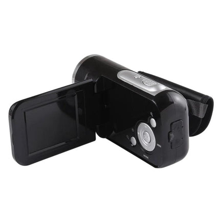 Portable Digital Video Camera for Everyday Recording showing compact black camcorder with 2.0-inch flip LCD, buttons and hand strap for vlogging