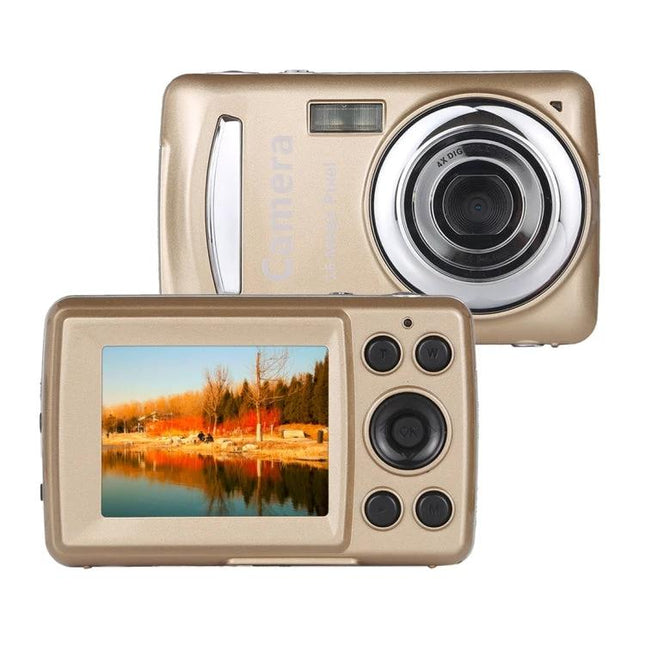 Compact Digital Video Camera for High-Quality Recordings showing gold compact camera front and back with 2.4-inch TFT LCD displaying a lakeside scene