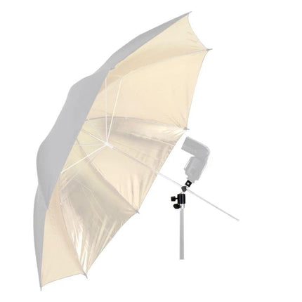 D Type Multifunctional Bracket for Flash Lights and Cameras, 2kg Capacity mounted on stand holding a flash and reflective umbrella for studio lighting