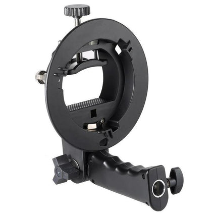 Universal S-Type Portable Flash Bracket for Studio Photography shown in black ABS, adjustable ring mount and ergonomic handle for attaching softboxes and flashes