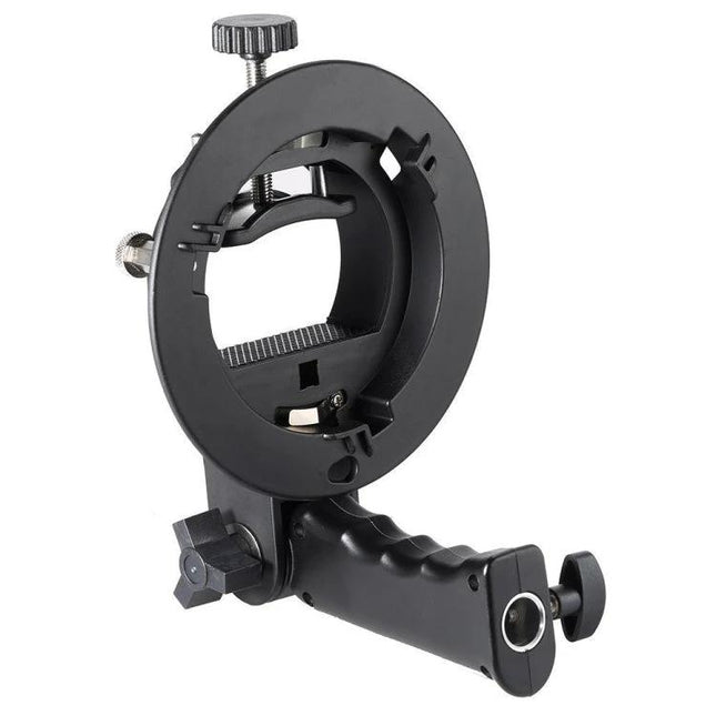 Universal S-Type Portable Flash Bracket for Studio Photography shown in black ABS, adjustable ring mount and ergonomic handle for attaching softboxes and flashes