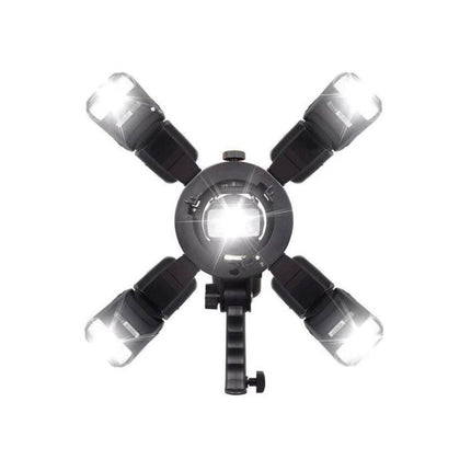 Universal S-Type Portable Flash Bracket for Studio Photography showing adjustable bracket holding multiple speedlights for portrait and product lighting