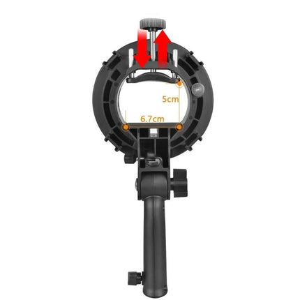 Universal S-Type Portable Flash Bracket for Studio Photography front view showing adjustable 5cm–6.7cm mount, grip handle and locking knob