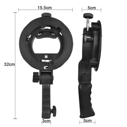 Universal S-Type Portable Flash Bracket for Studio Photography - black ABS adjustable flash holder with handle and dimensions shown