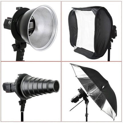 Universal S-Type Portable Flash Bracket for Studio Photography holding speedlight with softbox, reflector, snoot, and umbrella lighting accessories