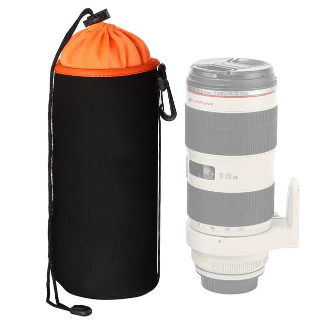 Waterproof Protective Bag for Camera Lenses, 10cm x 25cm - black neoprene lens pouch with orange drawstring closure