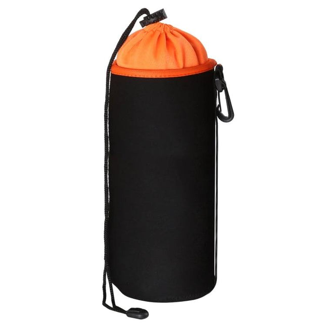 Waterproof Protective Bag for Camera Lenses, 10cm x 25cm - black neoprene lens pouch with orange drawstring top and carabiner