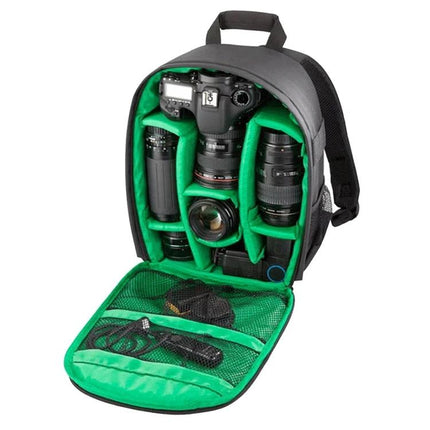 Indepman Waterproof Outdoor Camera Backpack for Sports and Travel - gray waterproof camera backpack with padded green interior holding DSLR and lenses