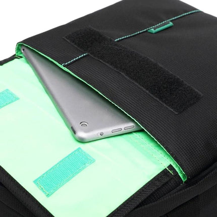 Indepman Waterproof Outdoor Camera Backpack for Sports and Travel with tablet pocket open showing padded green interior
