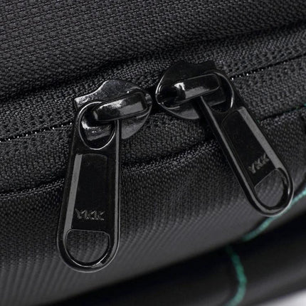 Indepman Waterproof Outdoor Camera Backpack for Sports and Travel close-up of double YKK zipper pulls on waterproof black fabric