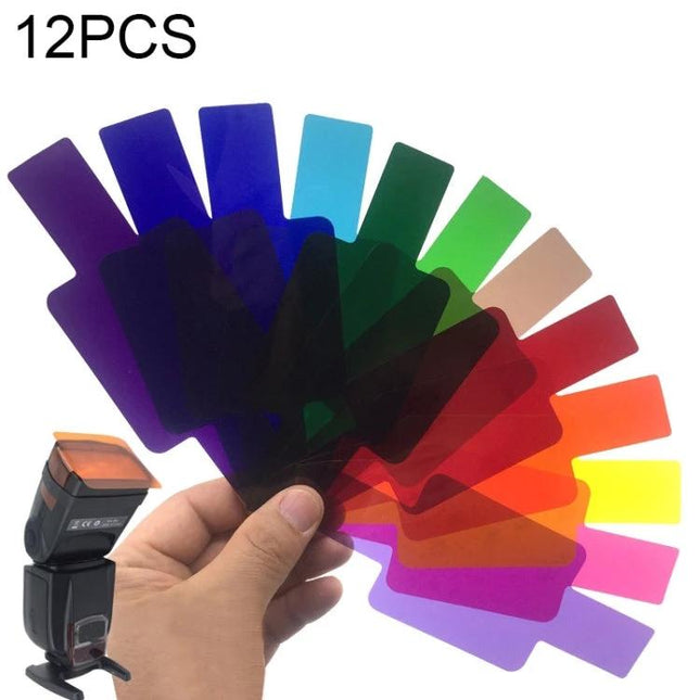 SiGi 12-Color Temperature Filter Set for Camera Flash Lighting showing hand-held fan of 12 colorful gel filters with external flash
