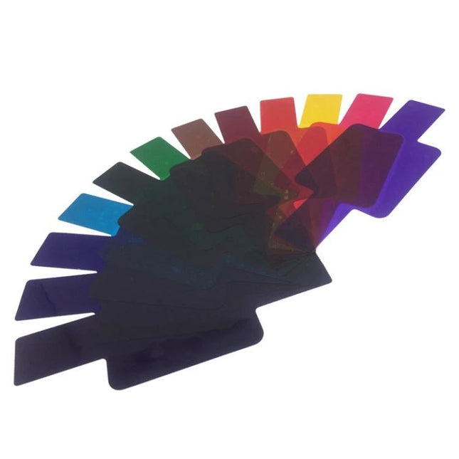 SiGi 12-Color Temperature Filter Set for Camera Flash Lighting - fan of 12 colored gel filters for correcting flash color casts