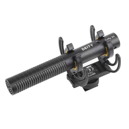 Deity Shotgun Microphone for Daily Vlogging and Interviews mounted on a camera with shock mount, ideal for clear outdoor and indoor vlogging audio