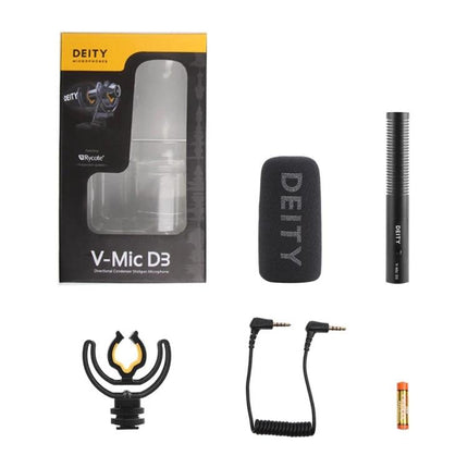 Deity Shotgun Microphone for Daily Vlogging and Interviews - V-Mic D3 kit with foam windscreen, shock mount, coiled cable, and battery