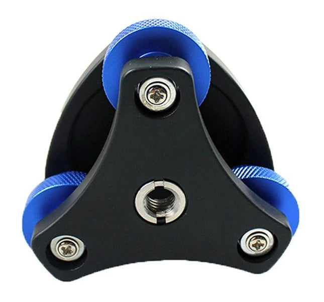 Tripod Leveling Base with Precision Adjustment for Photography — compact aluminum alloy base with blue adjustment knobs for leveling on uneven terrain