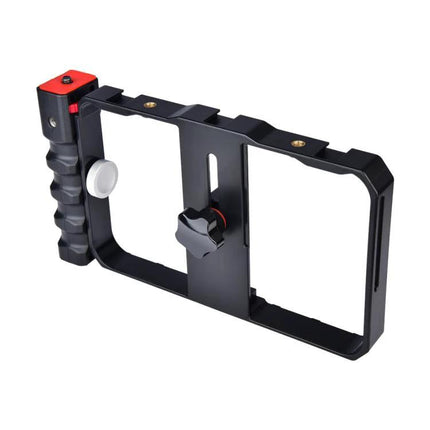 Handheld Cage for Smartphone Filming in Daily Life - black aluminum stabilizer with ergonomic side handle for steady vlogging and mobile video