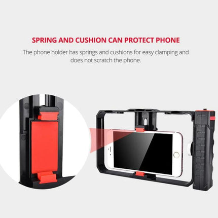 Handheld Cage for Smartphone Filming in Daily Life showing spring-cushion phone holder securing a smartphone for stable vlogging and everyday filming