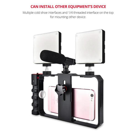 Handheld Cage for Smartphone Filming in Daily Life with dual LED lights, shotgun mic and side grip for stable vlogging and casual mobile video