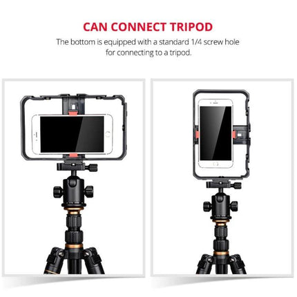 Handheld Cage for Smartphone Filming in Daily Life mounted on tripod showing horizontal and vertical phone positions