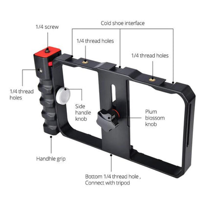 Handheld Cage for Smartphone Filming in Daily Life showing black metal frame, side handle, cold shoe and multiple 1/4" thread holes for stable vlogging