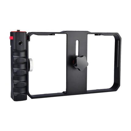 Handheld Cage for Smartphone Filming in Daily Life - compact black aluminum frame with ergonomic grip for stable vlogging and on-the-go video
