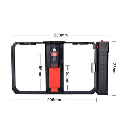 Handheld Cage for Smartphone Filming in Daily Life - compact black cage with handle and dimensions for stable vlogging