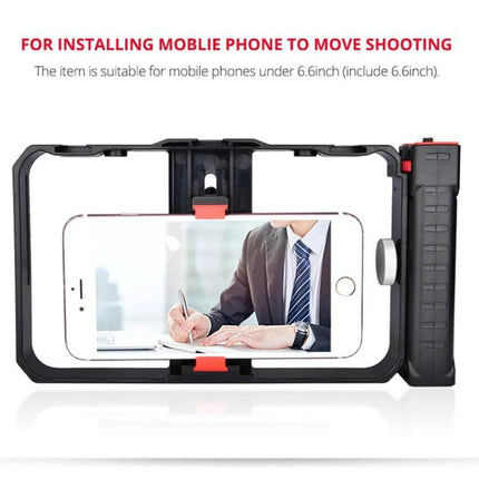 Handheld Cage for Smartphone Filming in Daily Life showing a smartphone mounted for stable vlogging and moving shots