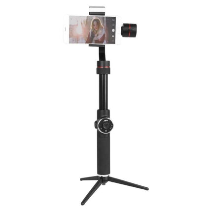 AFI Gimbal Stabilizer for Steady Smartphone Videos on Trips mounted with smartphone showing portrait, black handheld tripod grip and control dial