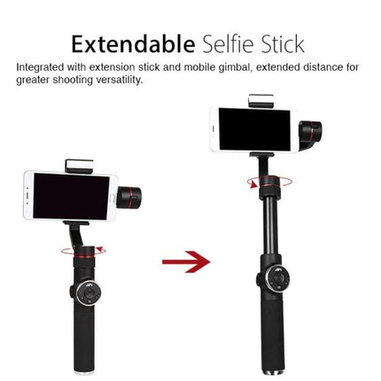 AFI Gimbal Stabilizer for Steady Smartphone Videos on Trips shown as an extendable selfie stick stabilizer with smartphone mounted