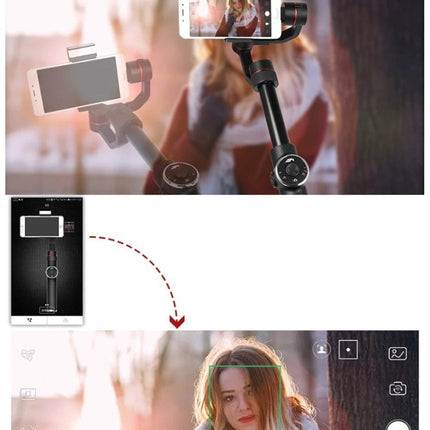 AFI Gimbal Stabilizer for Steady Smartphone Videos on Trips — smartphone mounted on gimbal tracking and stabilizing a woman during outdoor travel video