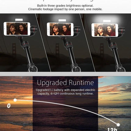 AFI Gimbal Stabilizer for Steady Smartphone Videos on Trips – handheld gimbal showing phone with beauty fill-light and upgraded 6–12h runtime at sunset