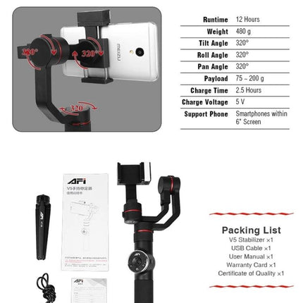 AFI Gimbal Stabilizer for Steady Smartphone Videos on Trips showcasing specs, packing list, and stabilizer with phone mounted
