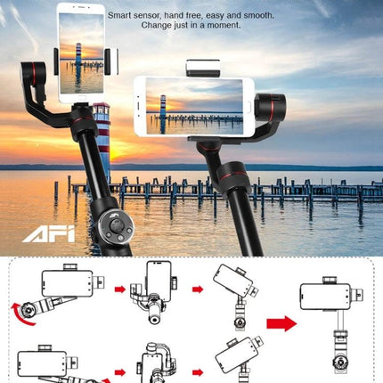 AFI Gimbal Stabilizer for Steady Smartphone Videos on Trips showing horizontal and vertical modes with sunset dock background